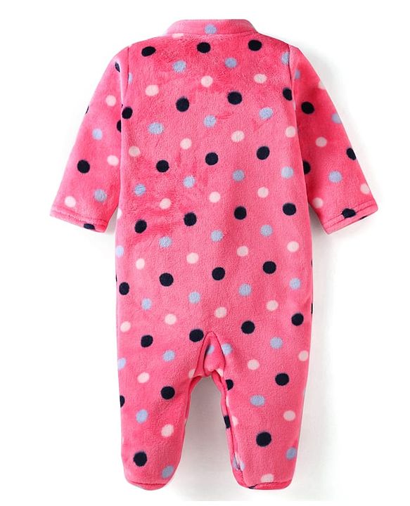 Babyhug Velour Knit Full Sleeves Winter Wear  Polka Dots Printed Footed Front Open Sleep Suit - Dark Pink