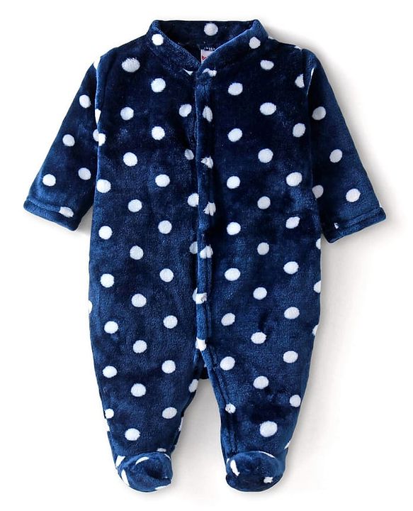 Babyhug Velour Knit Full Sleeves Winter Wear Sleep Suit With Polka Dots Print - Navy Blue