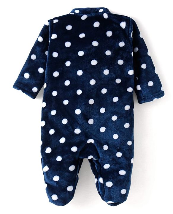 Babyhug Velour Knit Full Sleeves Winter Wear Sleep Suit With Polka Dots Print - Navy Blue