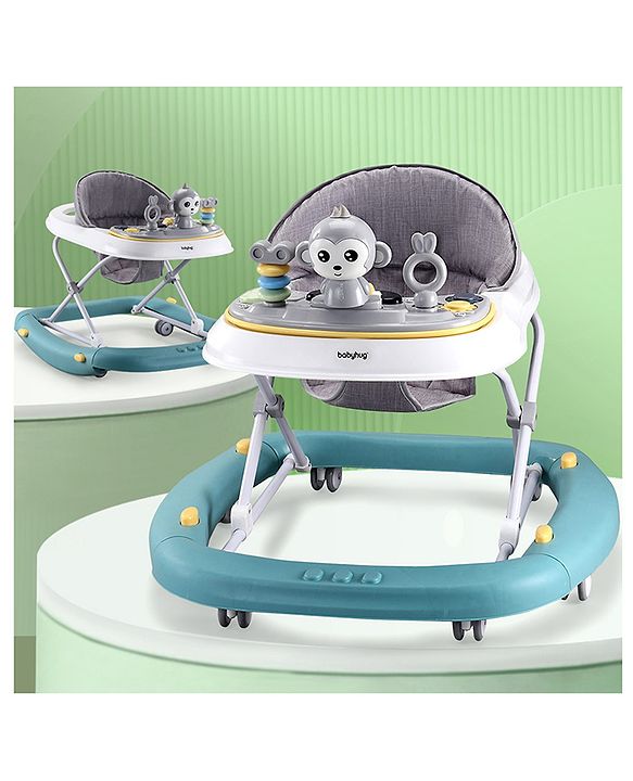 Babyhug 2 In 1 Multifunctional Baby Walker Cum Rocker With 3 Level Height Adjustment Musical Play Tray & Monkey Toy - Sea Green
