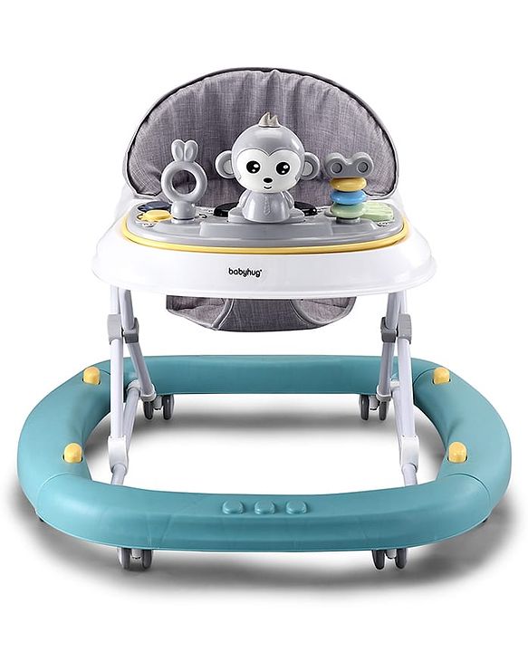 Babyhug 2 In 1 Multifunctional Baby Walker Cum Rocker With 3 Level Height Adjustment Musical Play Tray & Monkey Toy - Sea Green