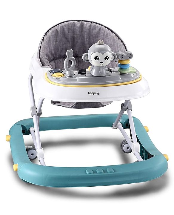 Babyhug 2 In 1 Multifunctional Baby Walker Cum Rocker With 3 Level Height Adjustment Musical Play Tray & Monkey Toy - Sea Green