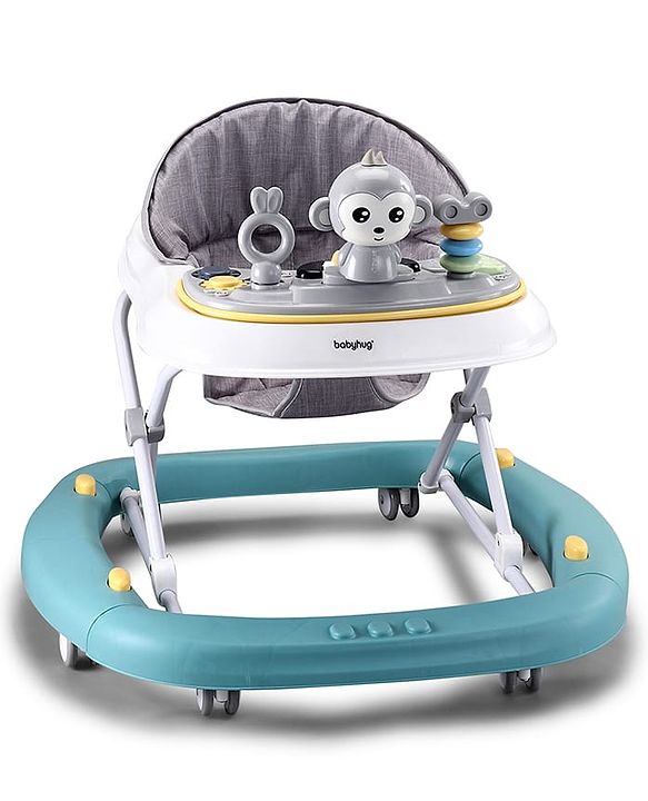 Babyhug 2 In 1 Multifunctional Baby Walker Cum Rocker With 3 Level Height Adjustment Musical Play Tray & Monkey Toy - Sea Green