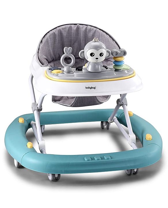 Babyhug 2 In 1 Multifunctional Baby Walker Cum Rocker With 3 Level Height Adjustment Musical Play Tray & Monkey Toy - Sea Green