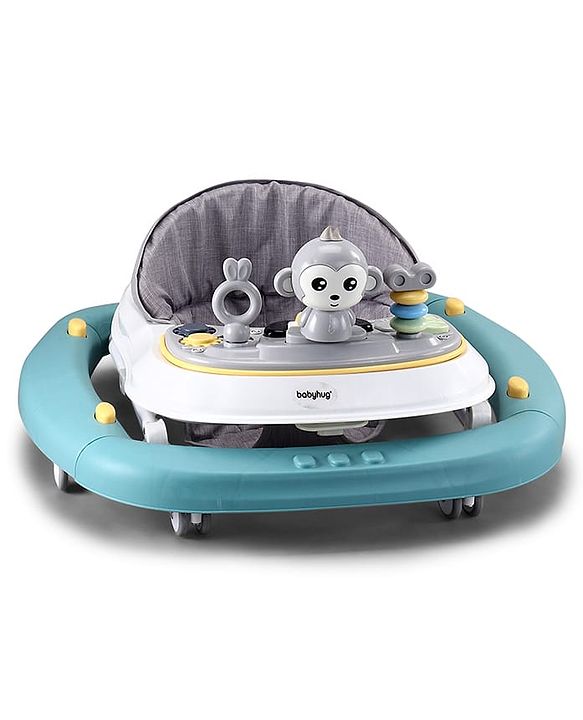 Babyhug 2 In 1 Multifunctional Baby Walker Cum Rocker With 3 Level Height Adjustment Musical Play Tray & Monkey Toy - Sea Green