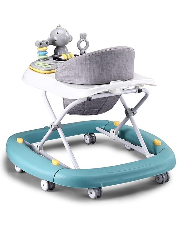 Babyhug 2 In 1 Multifunctional Baby Walker Cum Rocker With 3 Level Height Adjustment Musical Play Tray & Monkey Toy - Sea Green