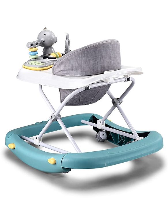 Babyhug 2 In 1 Multifunctional Baby Walker Cum Rocker With 3 Level Height Adjustment Musical Play Tray & Monkey Toy - Sea Green
