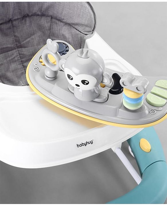 Babyhug 2 In 1 Multifunctional Baby Walker Cum Rocker With 3 Level Height Adjustment Musical Play Tray & Monkey Toy - Sea Green