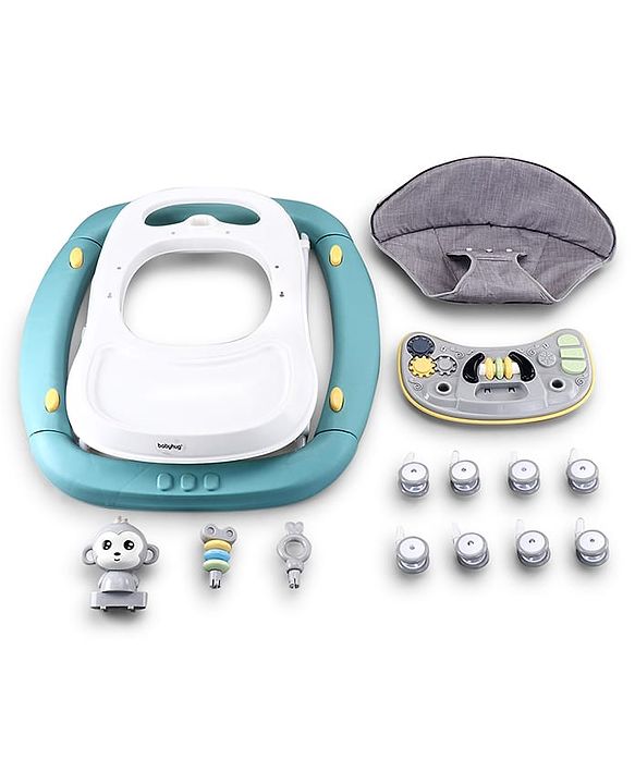 Babyhug 2 In 1 Multifunctional Baby Walker Cum Rocker With 3 Level Height Adjustment Musical Play Tray & Monkey Toy - Sea Green