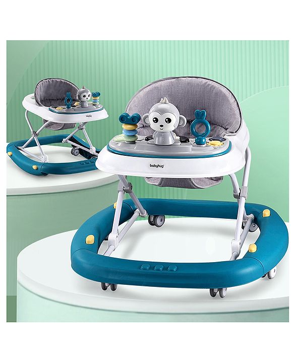 Babyhug 2 In 1 Multifunctional Baby Walker Cum Rocker With 3 Level Height Adjustment Musical Play Tray & Monkey Toy - Sea Green