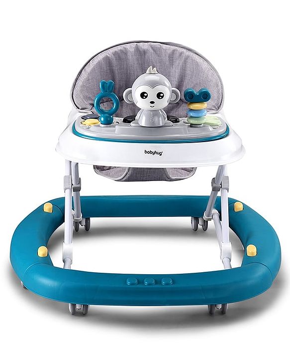 Babyhug 2 In 1 Multifunctional Baby Walker Cum Rocker With 3 Level Height Adjustment Musical Play Tray & Monkey Toy - Sea Green