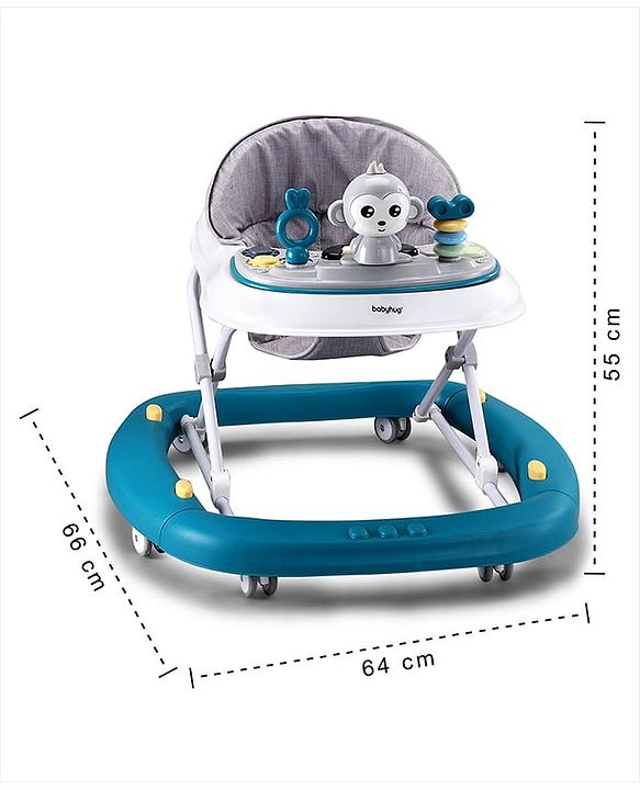 Babyhug 2 In 1 Multifunctional Baby Walker Cum Rocker With 3 Level Height Adjustment Musical Play Tray & Monkey Toy - Sea Green