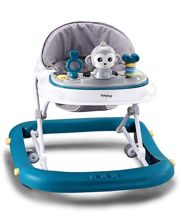 Babyhug 2 In 1 Multifunctional Baby Walker Cum Rocker With 3 Level Height Adjustment Musical Play Tray & Monkey Toy - Sea Green