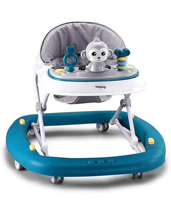 Babyhug 2 In 1 Multifunctional Baby Walker Cum Rocker With 3 Level Height Adjustment Musical Play Tray & Monkey Toy - Sea Green