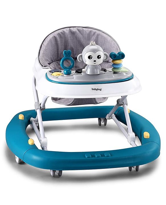 Babyhug 2 In 1 Multifunctional Baby Walker Cum Rocker With 3 Level Height Adjustment Musical Play Tray & Monkey Toy - Sea Green