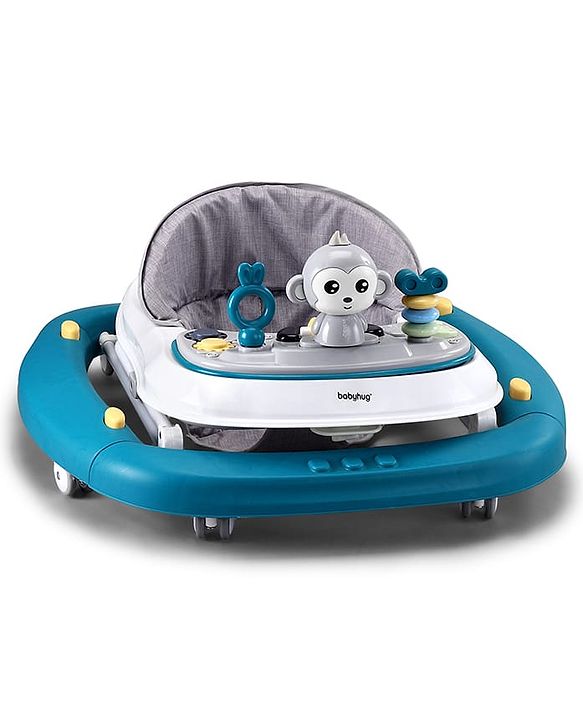Babyhug 2 In 1 Multifunctional Baby Walker Cum Rocker With 3 Level Height Adjustment Musical Play Tray & Monkey Toy - Sea Green