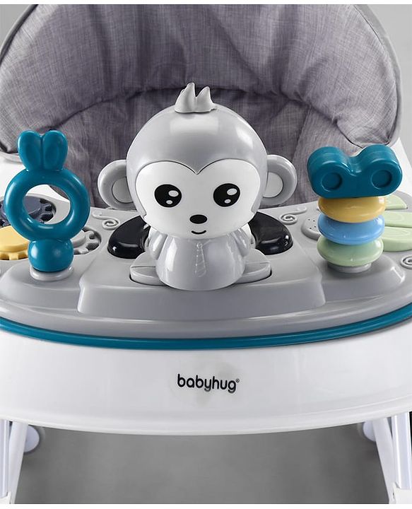 Babyhug 2 In 1 Multifunctional Baby Walker Cum Rocker With 3 Level Height Adjustment Musical Play Tray & Monkey Toy - Sea Green