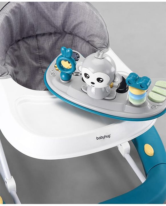 Babyhug 2 In 1 Multifunctional Baby Walker Cum Rocker With 3 Level Height Adjustment Musical Play Tray & Monkey Toy - Sea Green