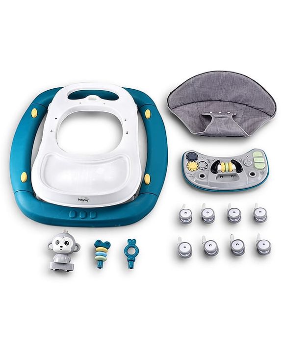 Babyhug 2 In 1 Multifunctional Baby Walker Cum Rocker With 3 Level Height Adjustment Musical Play Tray & Monkey Toy - Sea Green