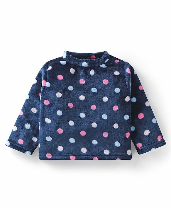 Babyhug Velour Knit Full Sleeves Winter Night Suit With Polka Dots  Print - Navy Blue