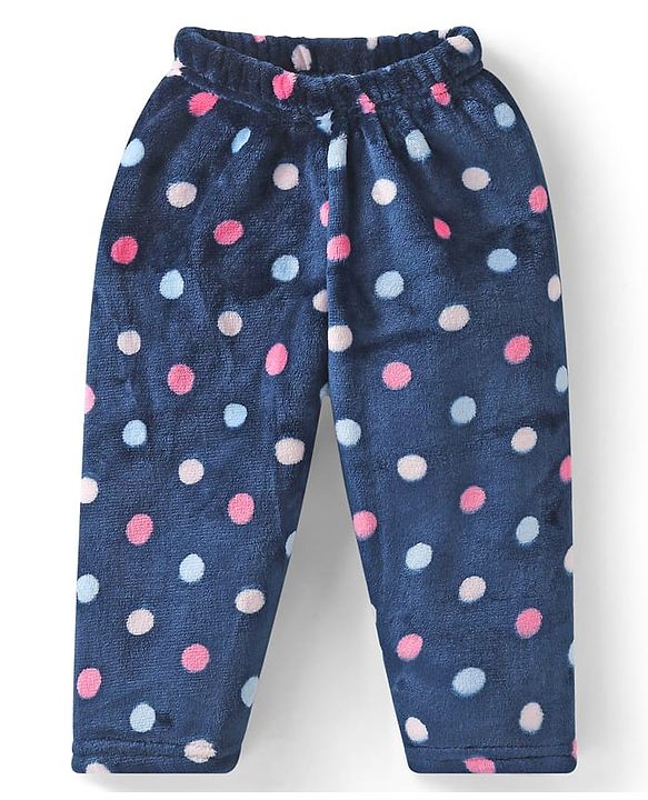 Babyhug Velour Knit Full Sleeves Winter Night Suit With Polka Dots  Print - Navy Blue
