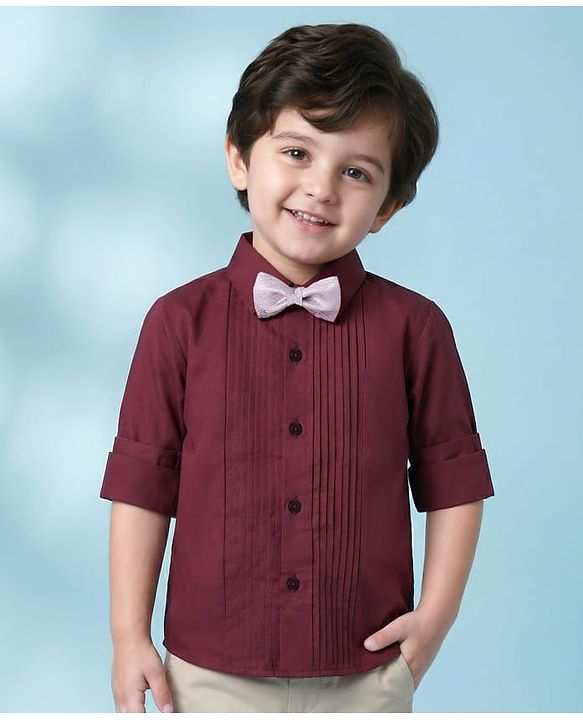 Babyhug Cotton Woven Full Sleeves Solid Pintuck Shirt with Bow - Maroon