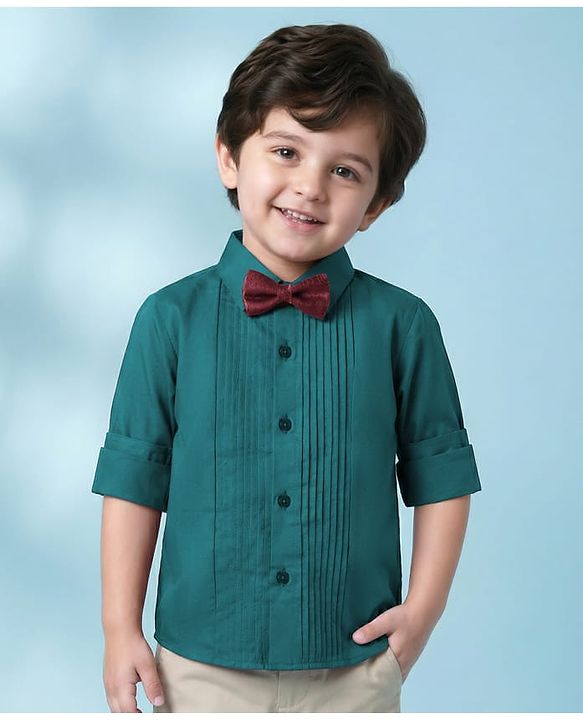 Babyhug Cotton Woven Full Sleeve Solid Color Pintuck Detailing Party Shirt with Bow - Teal Blue