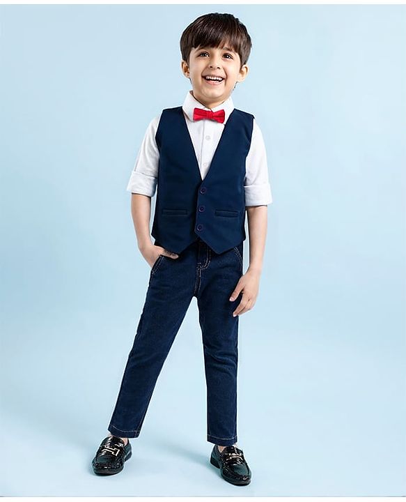 Babyhug Woven Full Sleeves 3 Piece Solid Colour Party Suit With Bow - Navy Blue & White