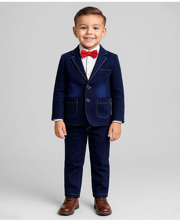Babyhug Woven Full Sleeves Solid Colour 3 Piece Party Suit With Bow - Navy Blue & White