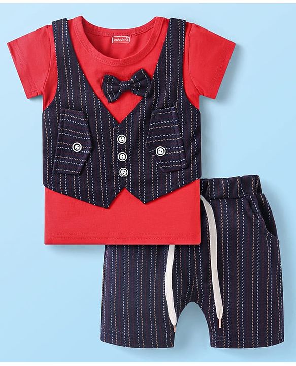Babyhug Woven Half Sleeves T-Shirt & Shorts With Bow Applique - Red & Navy Blue
