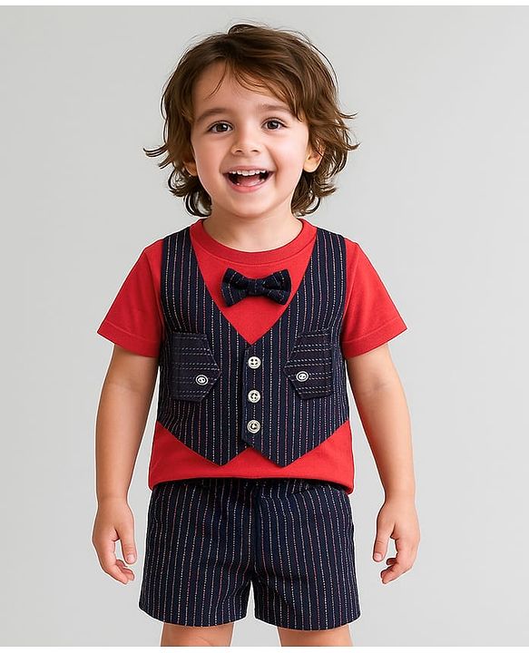 Babyhug Woven Half Sleeves T-Shirt & Shorts With Bow Applique - Red & Navy Blue