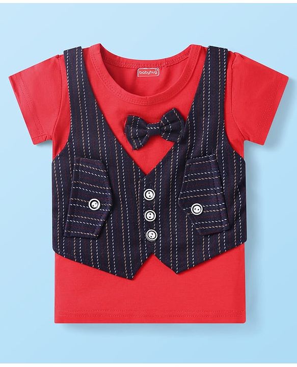 Babyhug Woven Half Sleeves T-Shirt & Shorts With Bow Applique - Red & Navy Blue
