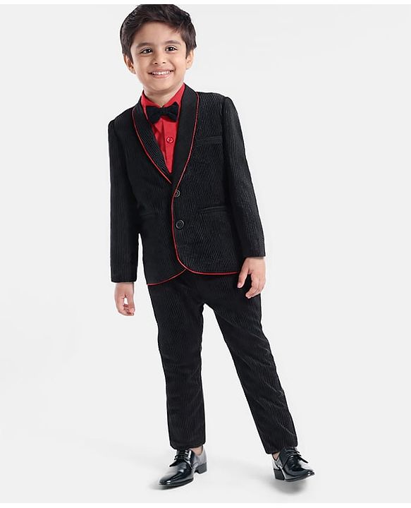 Babyhug Woven Full Sleeves Solid Colour 3 Piece Party Suit With Bow - Navy Blue & Red