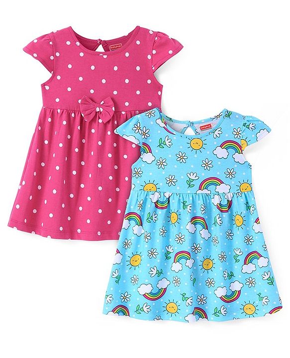 Babyhug Single Jersey Knit Half Cap Sleeves Polka Dot & Floral Printed Frocks Pack of 2 - Pink & Light Blue