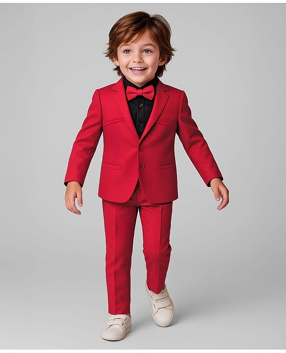 Babyhug Stretchable Full Sleeves Solid 3 Piece Party Suit With Bow - Red
