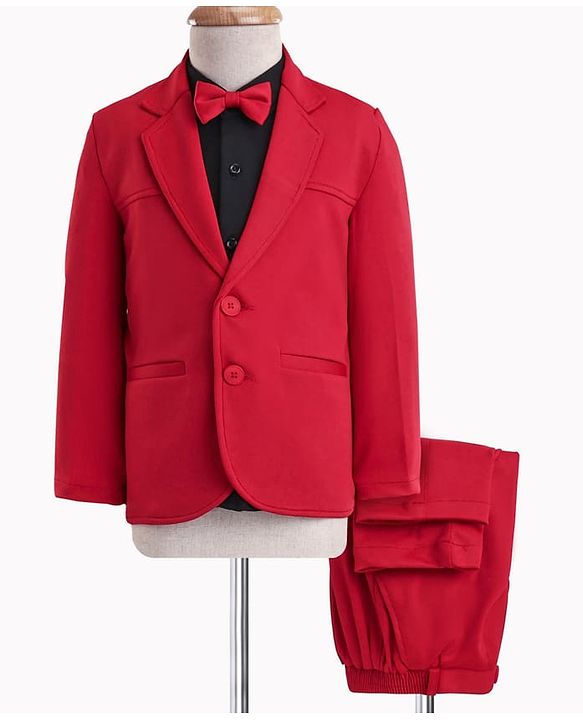 Babyhug Stretchable Full Sleeves Solid 3 Piece Party Suit With Bow - Red