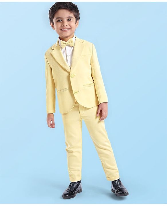 Babyhug Knitted Full Sleeves Solid Colour 3 Piece Party Suit with Bow - Yellow