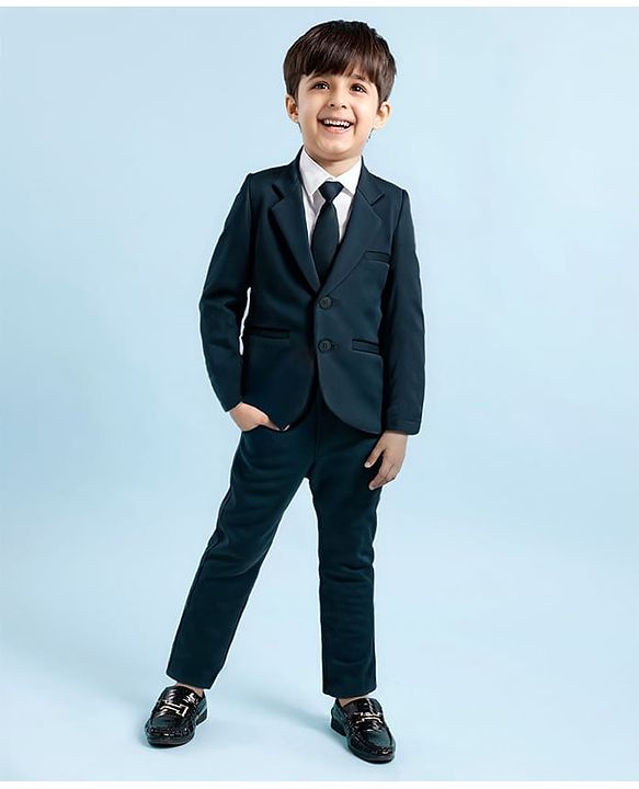 Babyhug Woven Full Sleeves Solid Color 3 Piece Party Suit with Tie - Dark Green