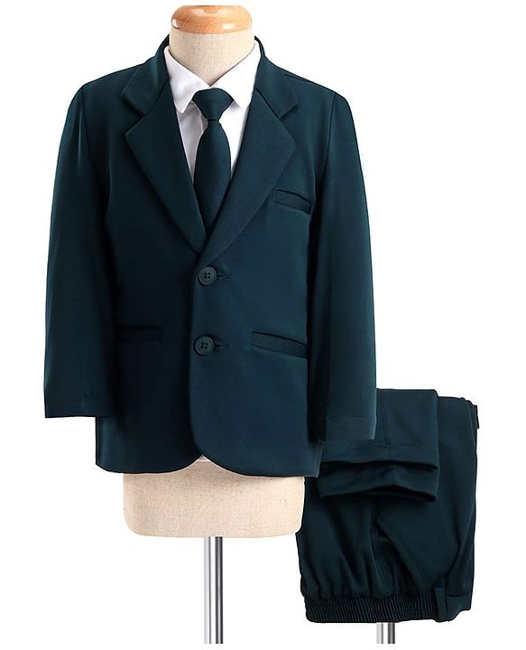 Babyhug Woven Full Sleeves Solid Color 3 Piece Party Suit with Tie - Dark Green