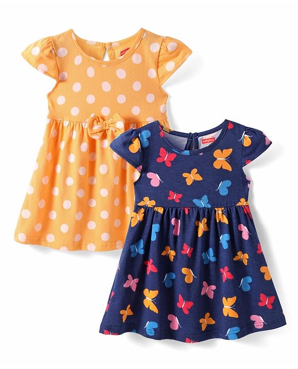 Babyhug Single Jersey Knit Cap Sleeves Polka Dots & Butterfly Printed Frocks with Bow Applique Pack of 2 - Orange & Navy Blue
