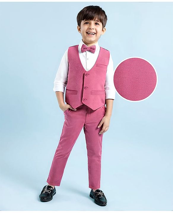 Babyhug Woven Full Sleeves Solid Color 3 Piece Party Suit with Bow - Pink