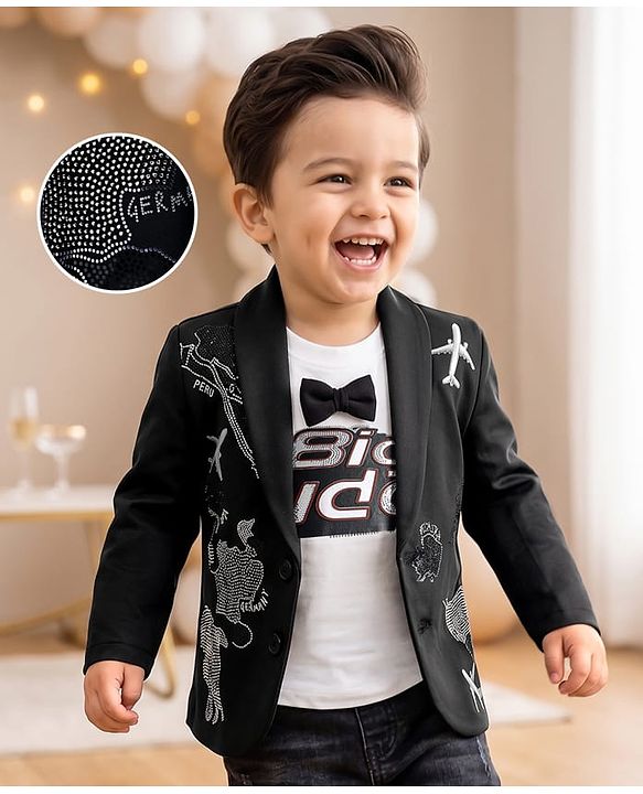 Babyhug Woven Half Sleeves Text Printed T-Shirt & Full Sleeves Blazer With Bow Applique & Glitter Print - Black