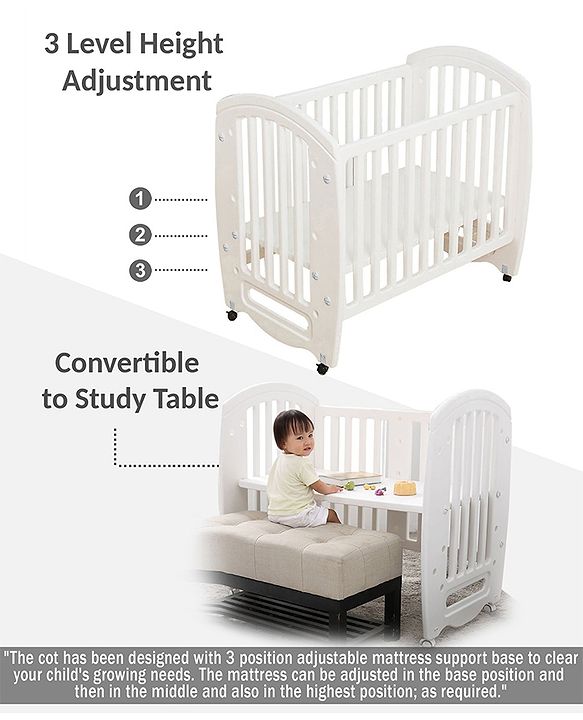 Babyhug Compacto 3 in 1 Cot Rocker Cum Study Table  White| Easy to Assemble| No Tools Required| Adjustable Height| Attach to Parent Bed | Wheels with Lock