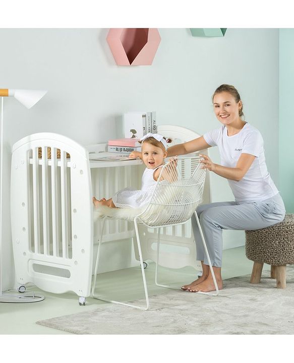Babyhug Compacto 3 in 1 Cot Rocker Cum Study Table  White| Easy to Assemble| No Tools Required| Adjustable Height| Attach to Parent Bed | Wheels with Lock
