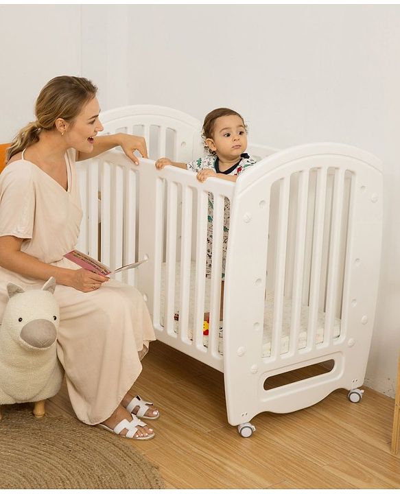 Babyhug Compacto 3 in 1 Cot Rocker Cum Study Table  White| Easy to Assemble| No Tools Required| Adjustable Height| Attach to Parent Bed | Wheels with Lock