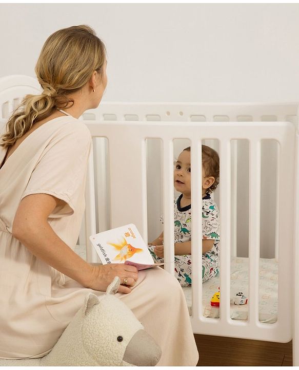 Babyhug Compacto 3 in 1 Cot Rocker Cum Study Table  White| Easy to Assemble| No Tools Required| Adjustable Height| Attach to Parent Bed | Wheels with Lock