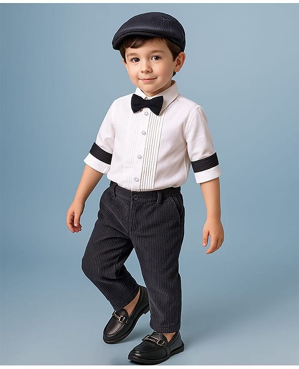 Babyhug Knit Full Sleeves Solid Colour Shirt & Trouser Set With Bow & Hat - White & Navy Blue