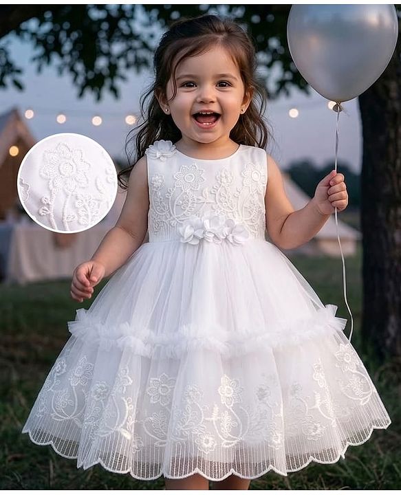 Babyhug Woven Sleeveless Floral Embroidered Fit & Flared Party Frock with Lace Cut Detailing & Corsage - White