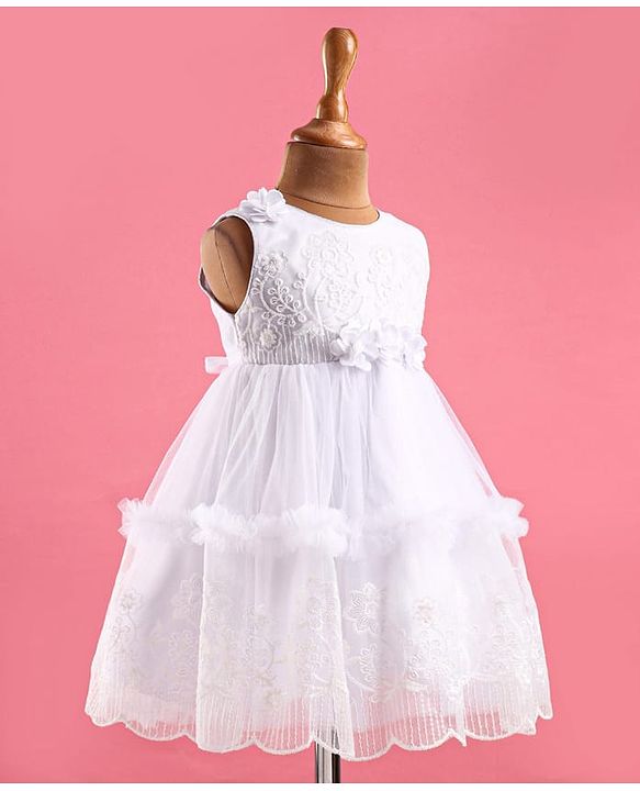 Babyhug Woven Sleeveless Floral Embroidered Fit & Flared Party Frock with Lace Cut Detailing & Corsage - White