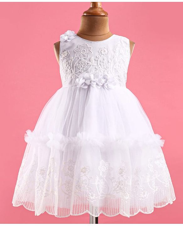 Babyhug Woven Sleeveless Floral Embroidered Fit & Flared Party Frock with Lace Cut Detailing & Corsage - White